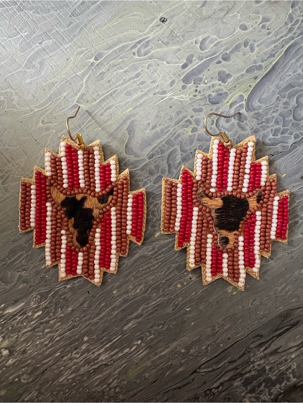 Beaded Southwestern Steer Head Earrings - Red & Tan